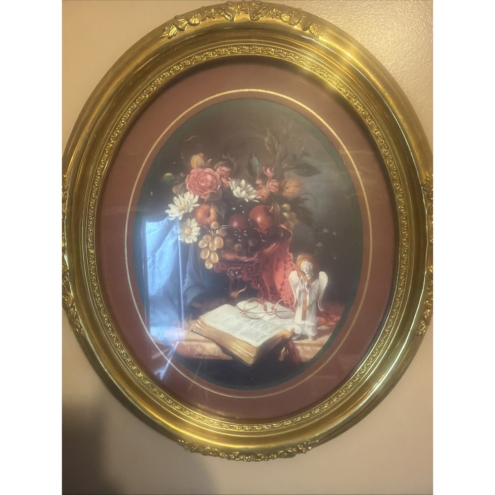 Vtg Oval Gold Framed Country Cottage Picture Home Interiors 80's Wall Art 22" T